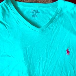 Light blue polo v neck with pink horse